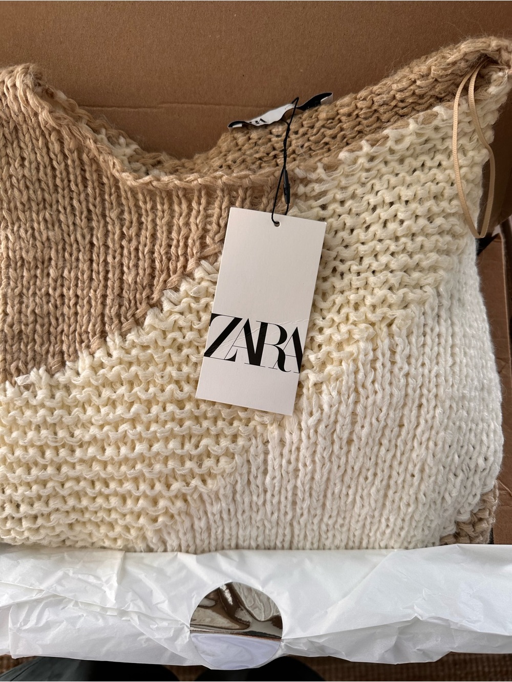 Zara Two-Tone Cream & Tan Crewneck Sweater